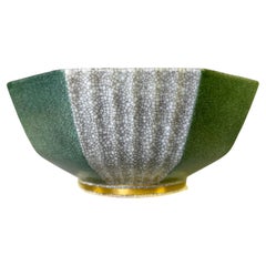 Royal Copenhagen Green and Grey Hexagonal Crackle Glazed Bowl, Gilded Band #3419