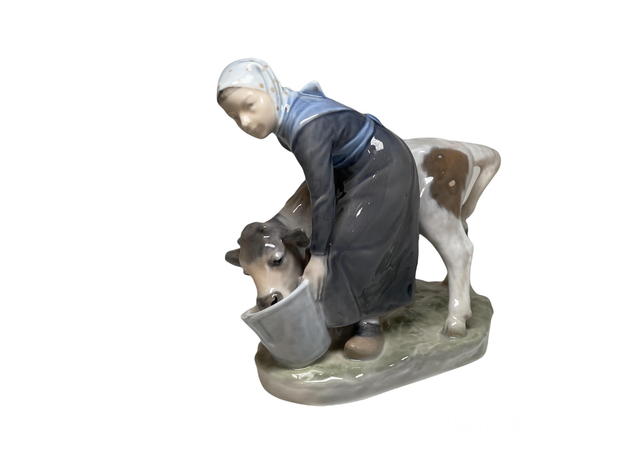 Royal Copenhagen Hand Painted Porcelain Young Girl Peasant Feeding a Calf For Sale 5