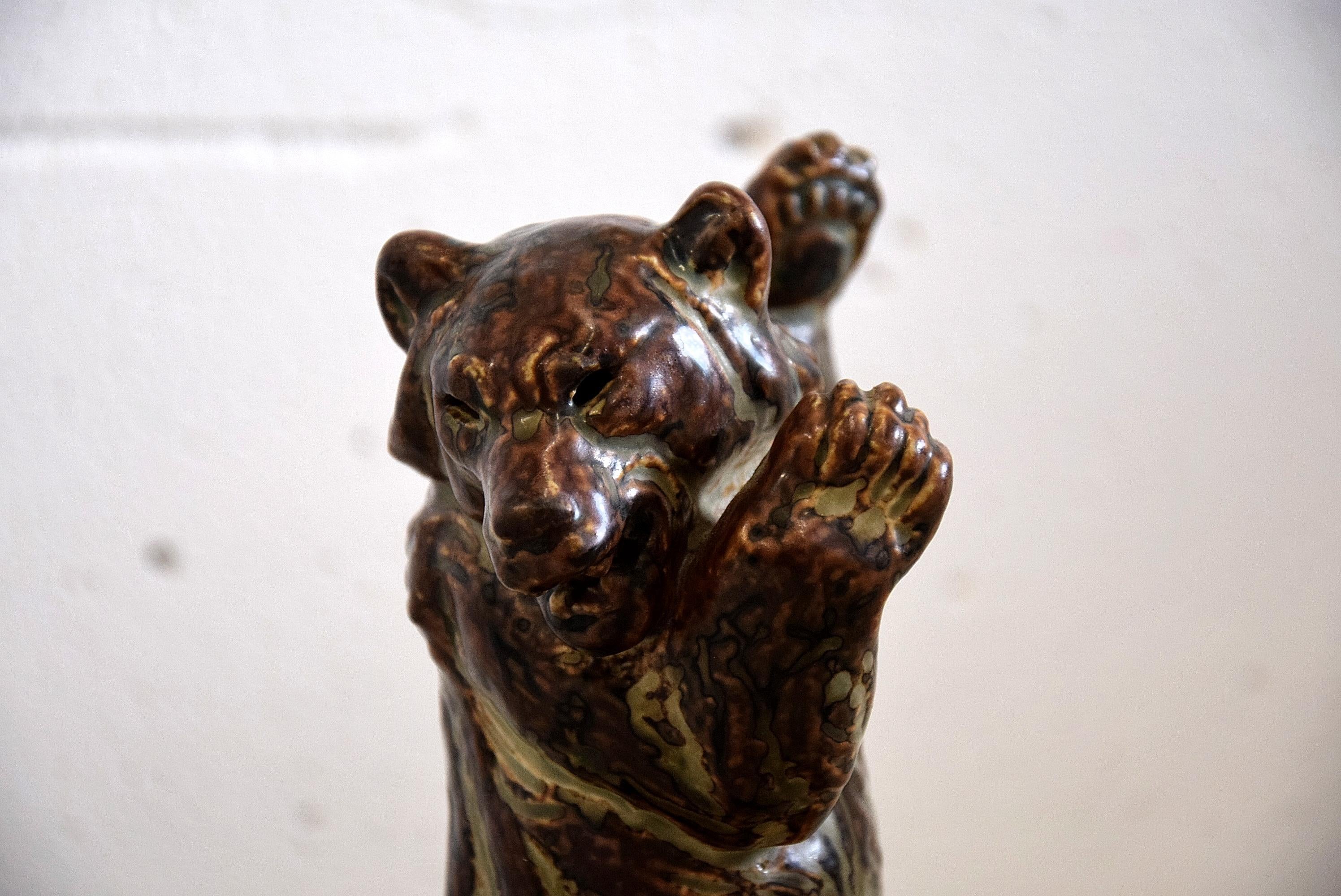 Danish Royal Copenhagen Knud Kyhn Glazed Stoneware Statue Bear and Attacking Snake