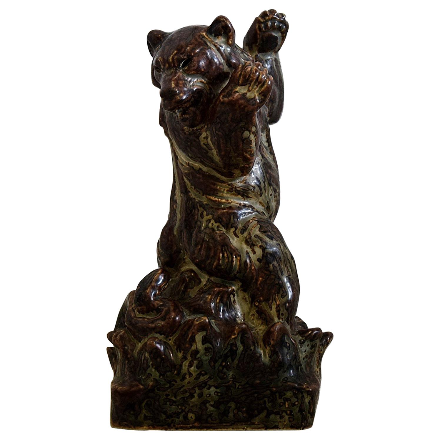 Royal Copenhagen Knud Kyhn Glazed Stoneware Statue Bear and Attacking Snake