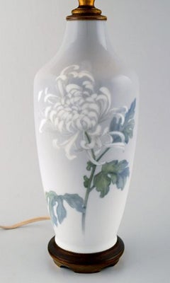Royal Copenhagen Large Table Lamp on Brass Stand Decorated with Flowers, 1930s