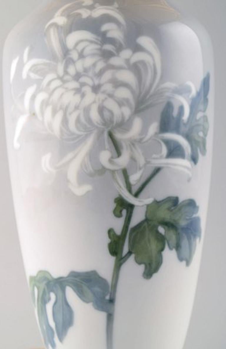 Danish Royal Copenhagen Large Table Lamp on Brass Stand Decorated with Flowers, 1930s