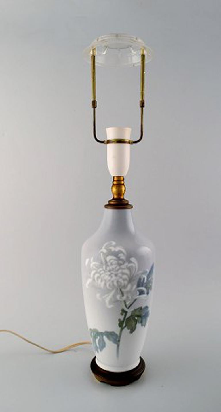 Royal Copenhagen Large Table Lamp on Brass Stand Decorated with Flowers, 1930s 1