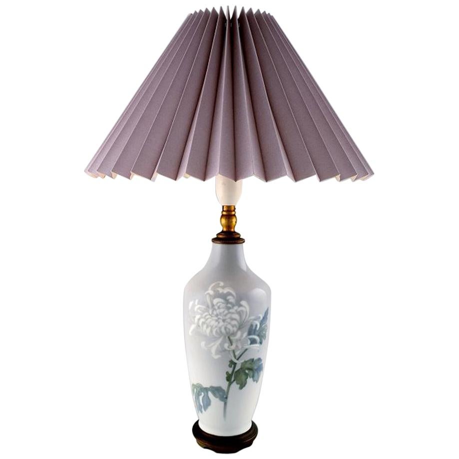 Royal Copenhagen Large Table Lamp on Brass Stand Decorated with Flowers, 1930s