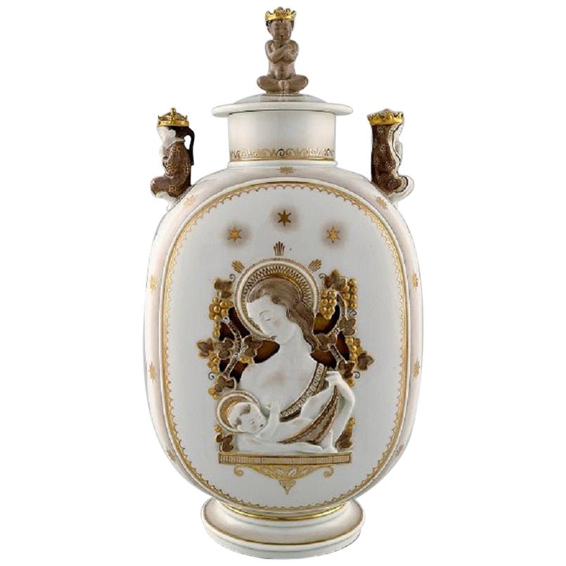 Royal Copenhagen, Lidded Art Deco Jar with the Virgin Mary and the Jesus Child For Sale