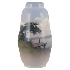 Royal Copenhagen, lidded porcelain vase. Motif of a Danish landscape