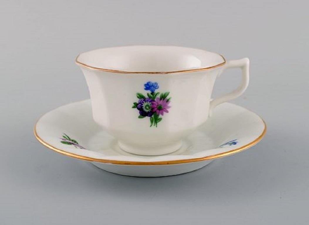 Hand-Painted Royal Copenhagen Light Saxon Flower, Two Coffee Cups with Saucers and Tray For Sale