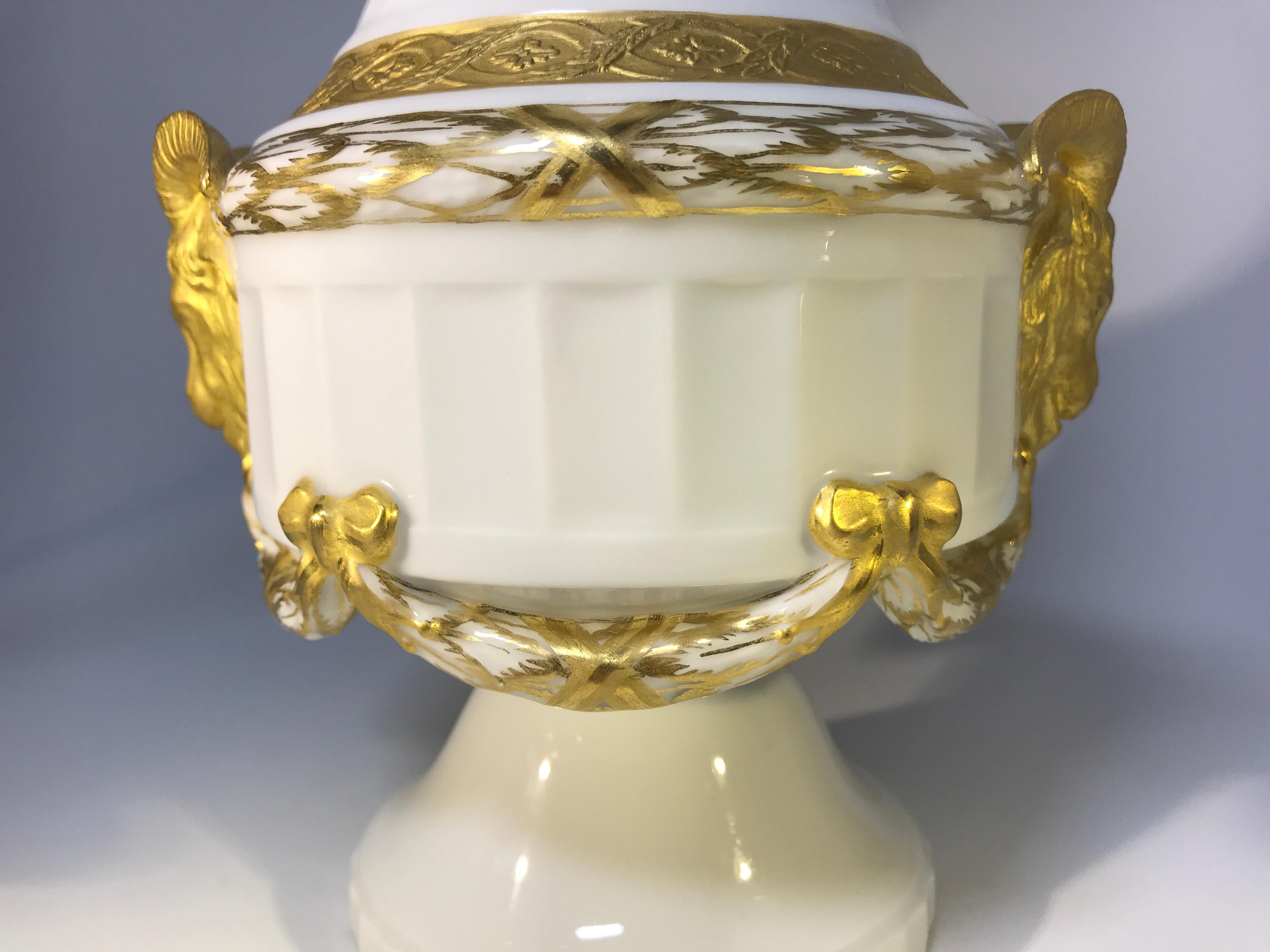 Gilt Royal Copenhagen Louis XVI St. 1900s White Porcelain and Gilded Rams Lamp #11537 For Sale