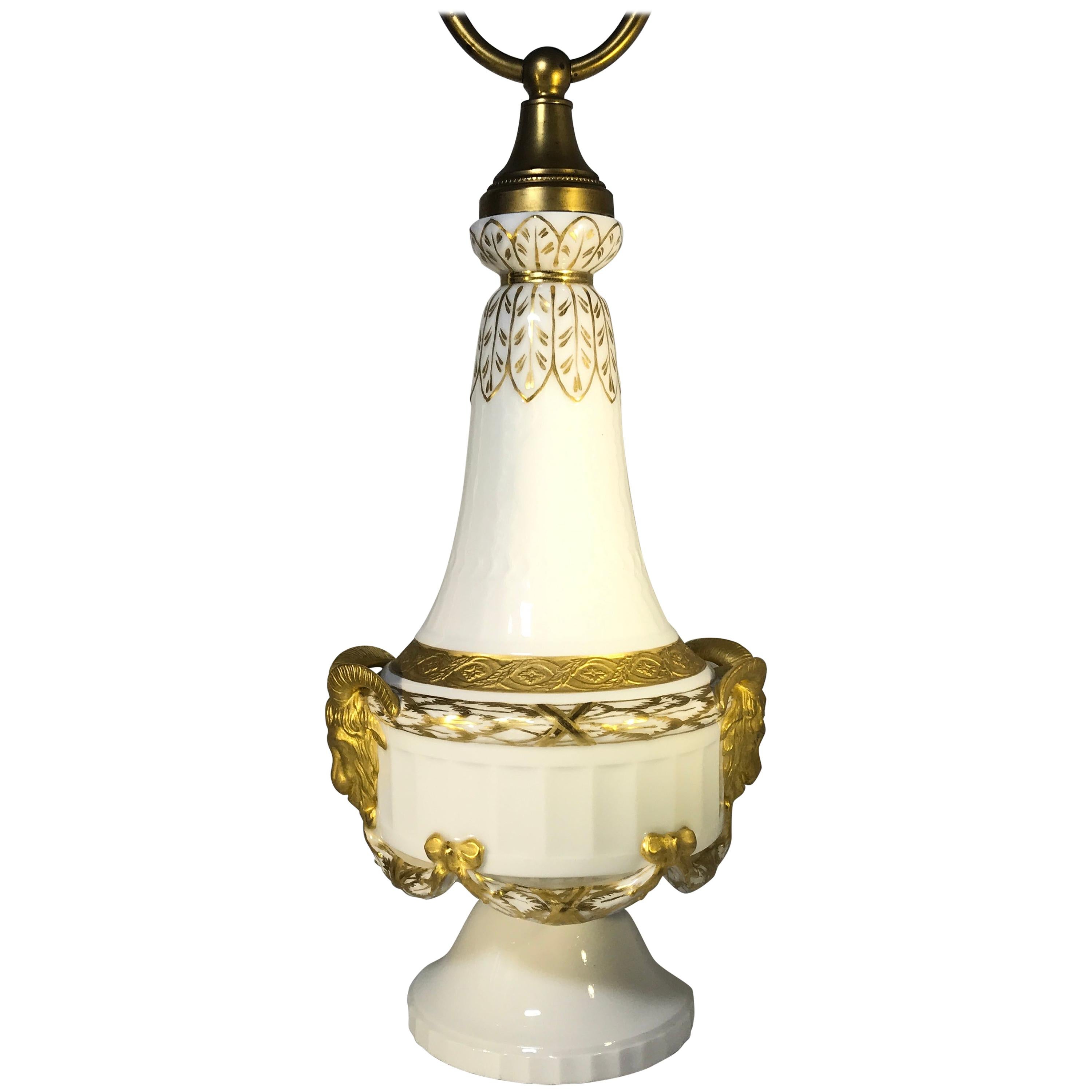 Royal Copenhagen Louis XVI St. 1900s White Porcelain and Gilded Rams Lamp #11537 For Sale