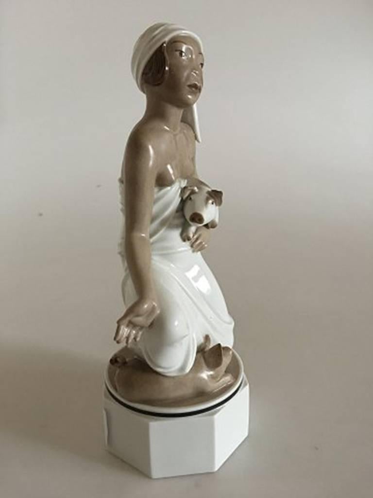 Danish Royal Copenhagen Over-Glazed Figurine of Oriental Woman with Pigs #12456 For Sale