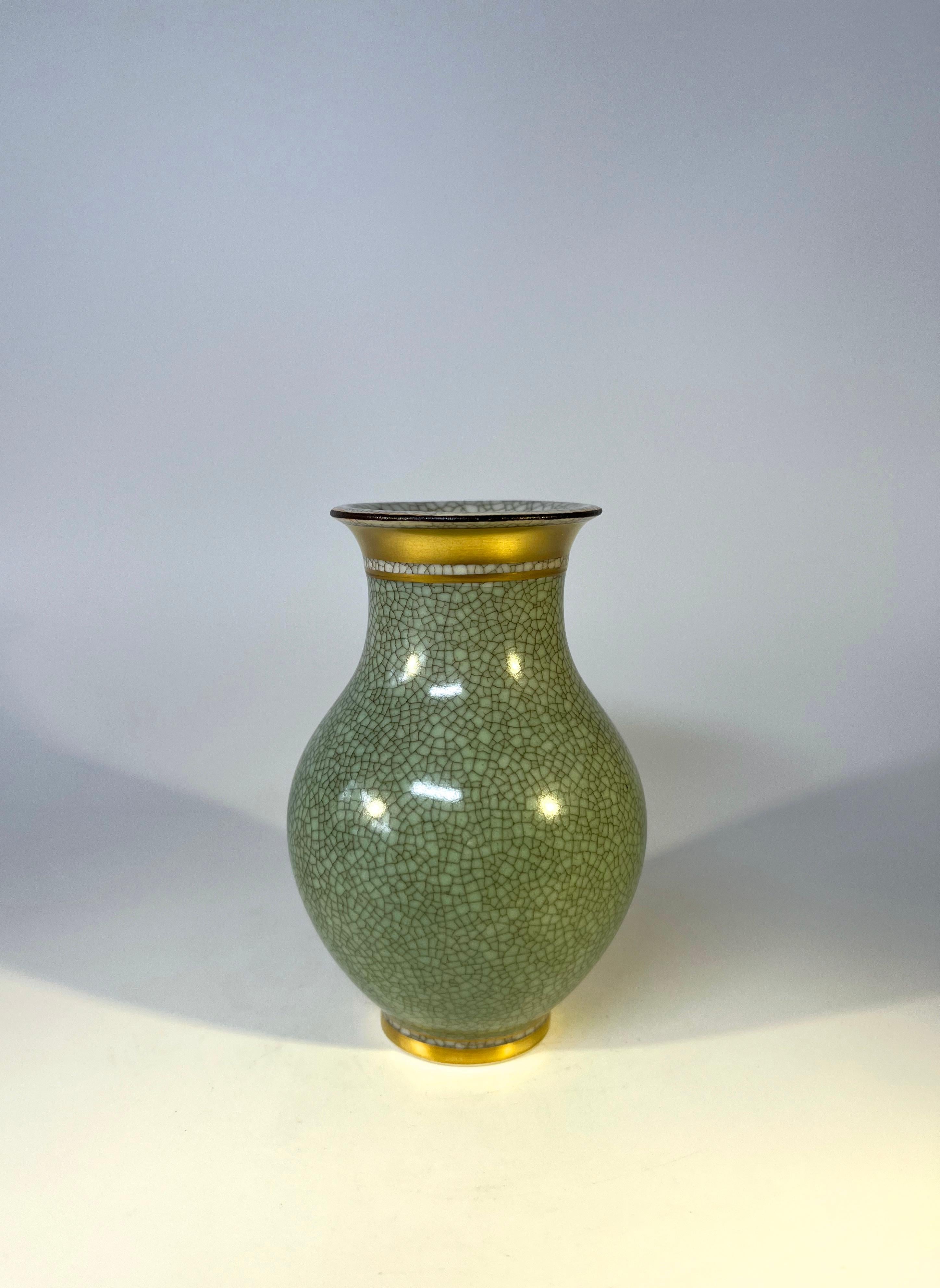 Scandinavian Modern Royal Copenhagen, Pale Green Crackle Glazed Vase With Gilded Banding  #2736
