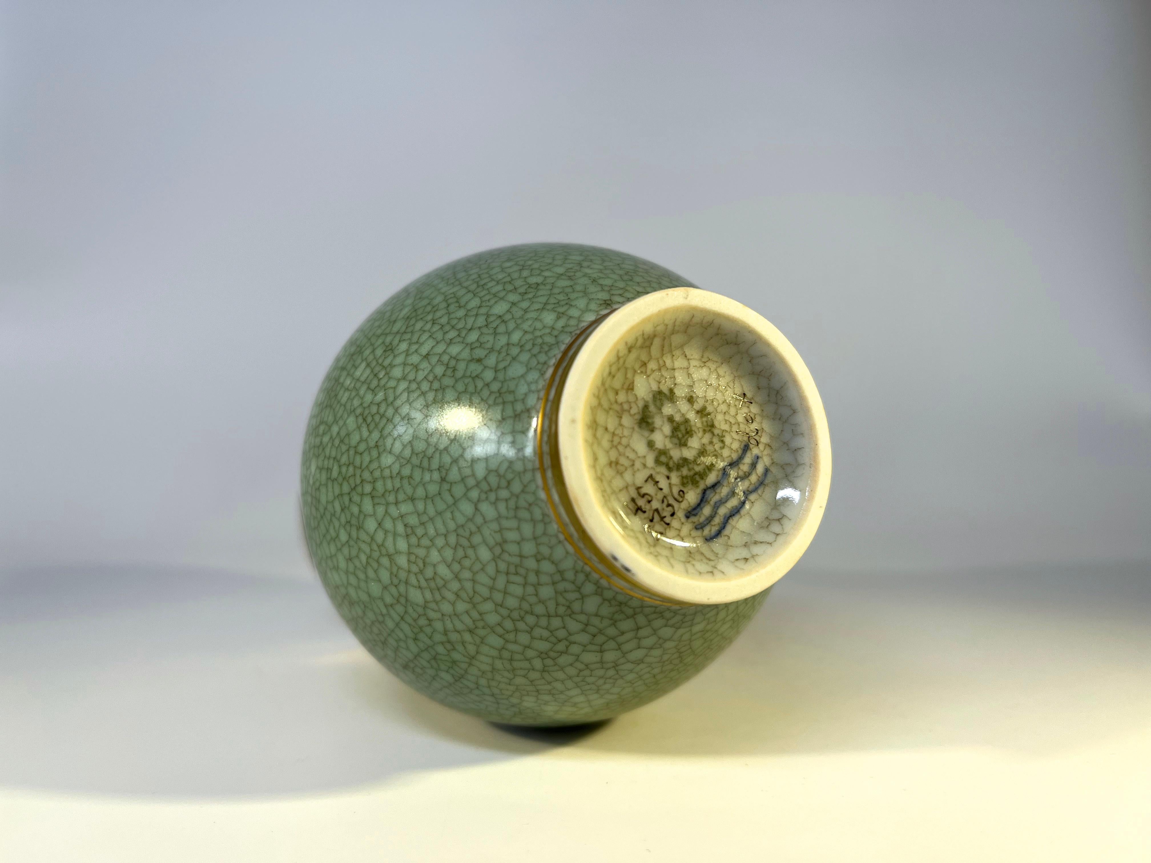 Royal Copenhagen, Pale Green Crackle Glazed Vase With Gilded Banding  #2736 In Good Condition In Rothley, Leicestershire