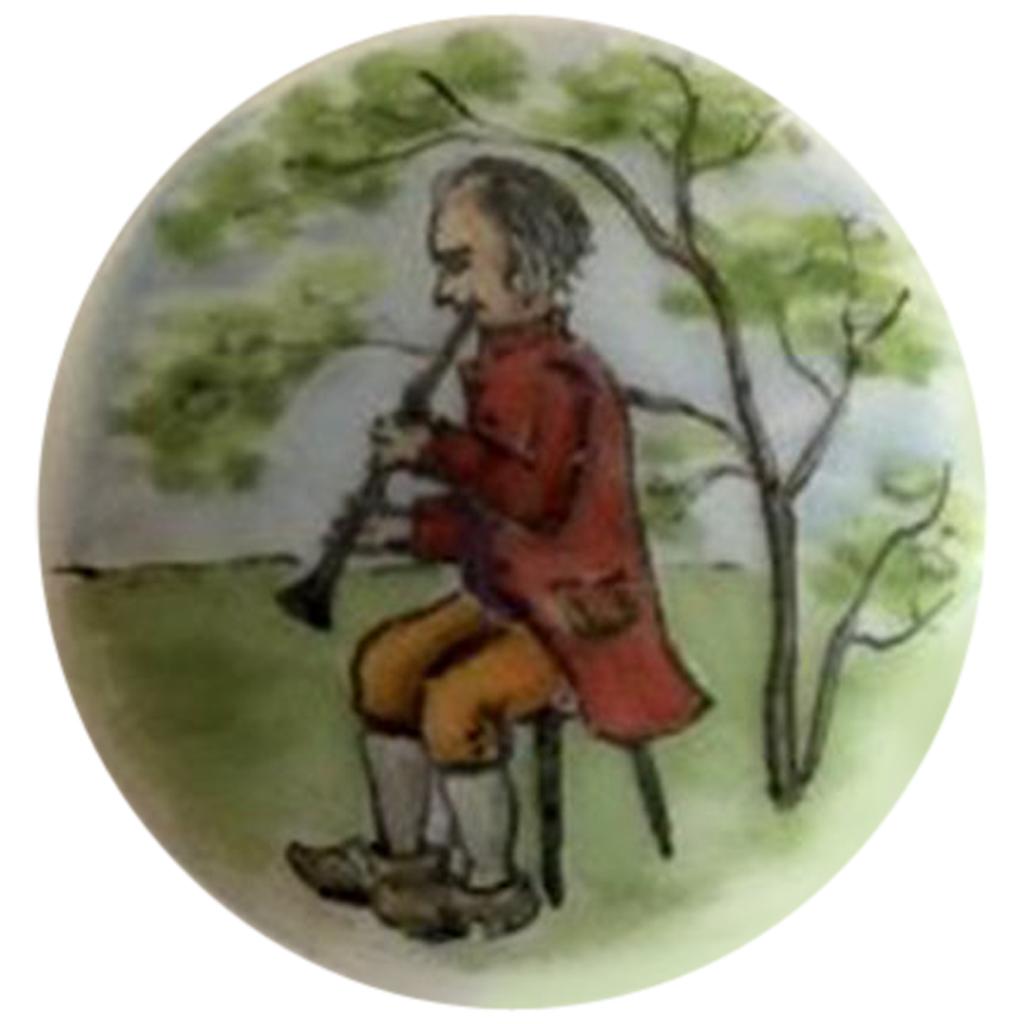 Royal Copenhagen Porcelain Button with Hand-Painted Motif of Musician For Sale