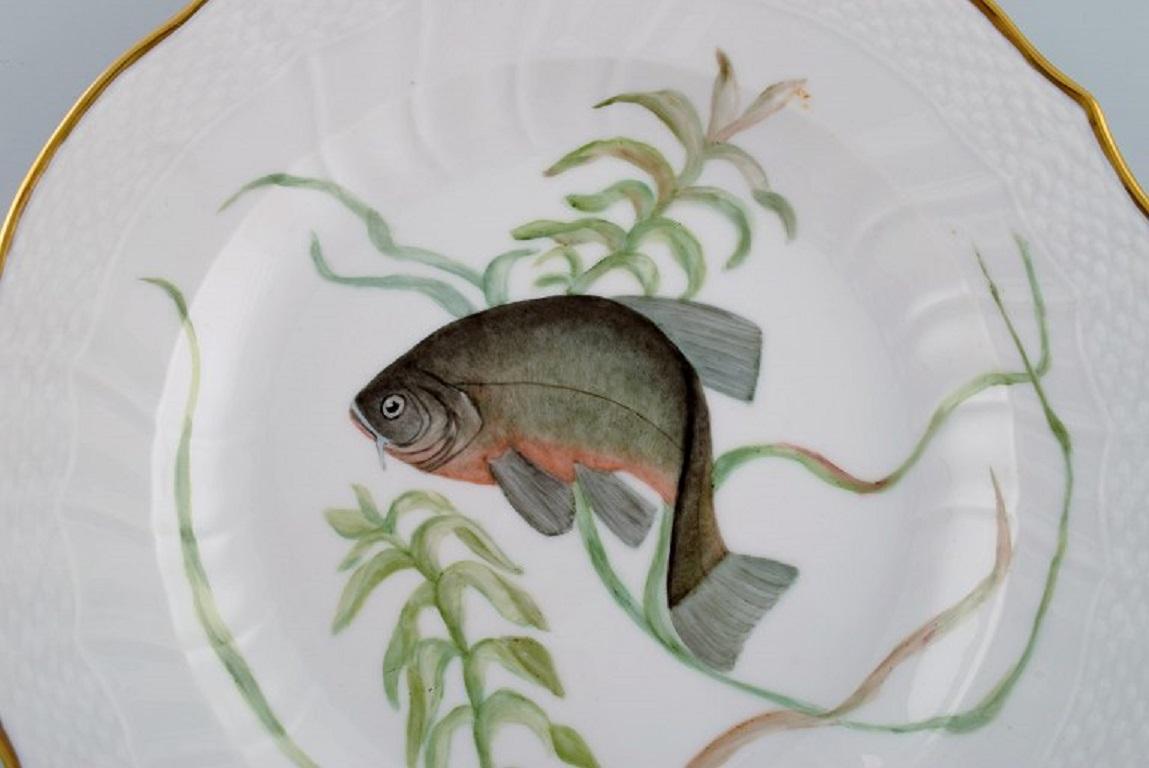 Assiette à dîner en porcelaine de Royal Copenhagen avec motif de poisson peint à la main et bordure dorée. Flora / Fauna Style Danica. Daté de 1968.
Diamètre : 25,5 cm.
En parfait état.
Estampillé.
3ème qualité d'usine.