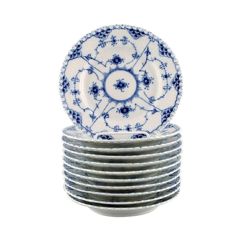 Royal Copenhagen Porcelain Dinnerware, Set of 11 Blue Fluted Full Lace Plates
