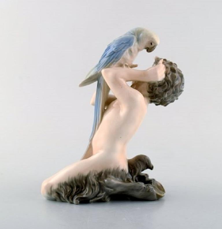 Danish Royal Copenhagen Porcelain Figurine, Faun with Parrot, Model Number 752