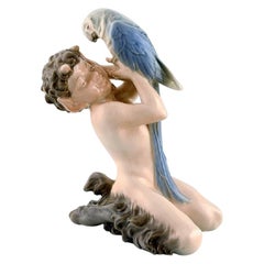 Vintage Royal Copenhagen Porcelain Figurine, Faun with Parrot, Model Number 752