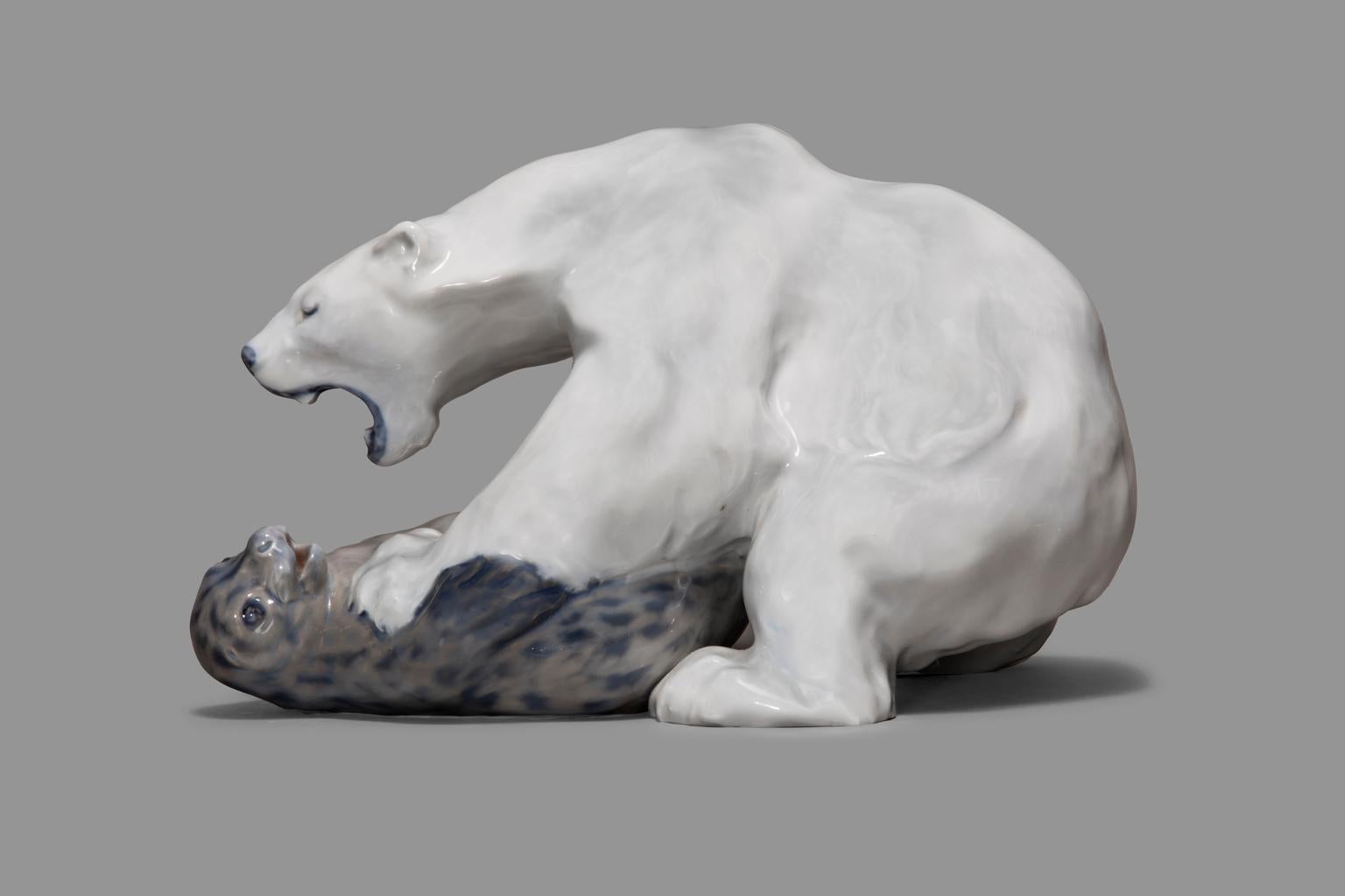 Hand-Crafted Royal Copenhagen Porcelain Figurine Knud Kyhn Polar Bear & Seal #1108 For Sale