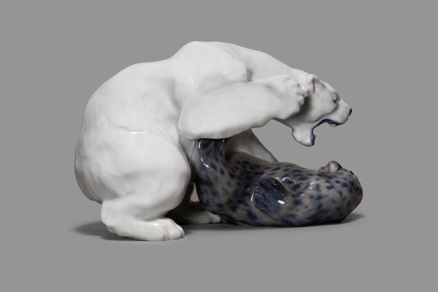20th Century Royal Copenhagen Porcelain Figurine Knud Kyhn Polar Bear & Seal #1108 For Sale