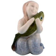 Antique Royal Copenhagen Porcelain Figurine, Mermaid with a Fish, 1920s