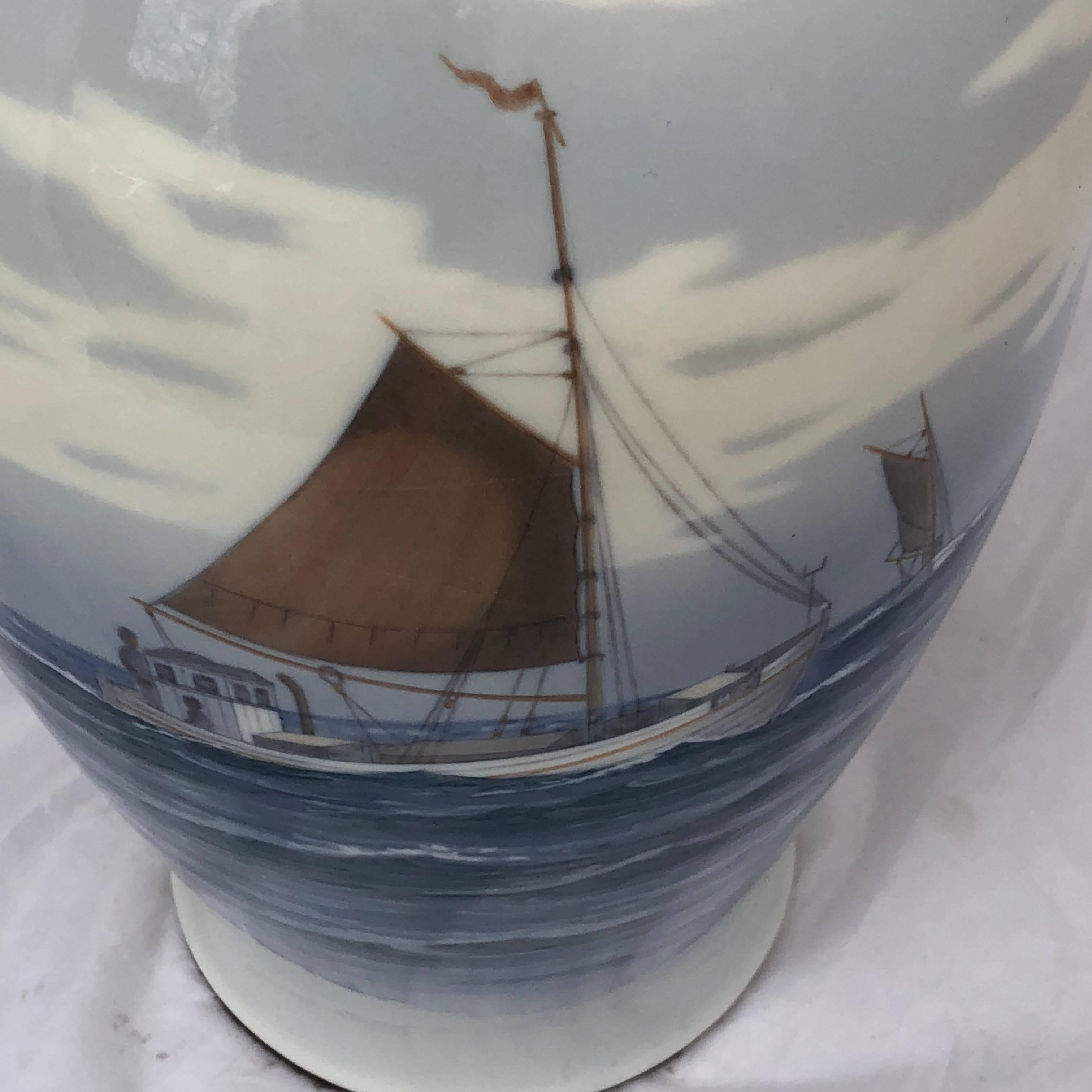 Royal Copenhagen Porcelain Lamp With Nautical Scene Of A Danish Fishing Cutter 3