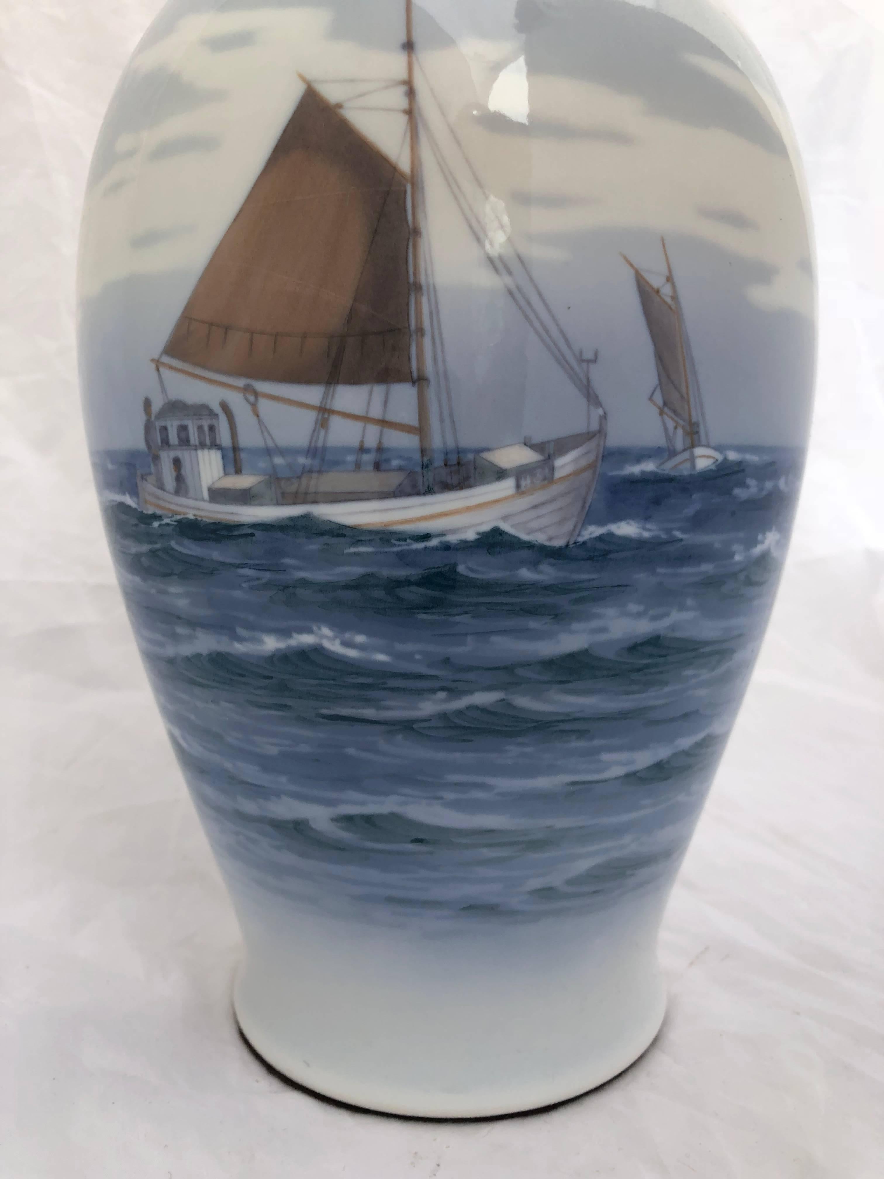 Royal Copenhagen Porcelain Lamp With Nautical Scene Of A Danish Fishing Cutter 6