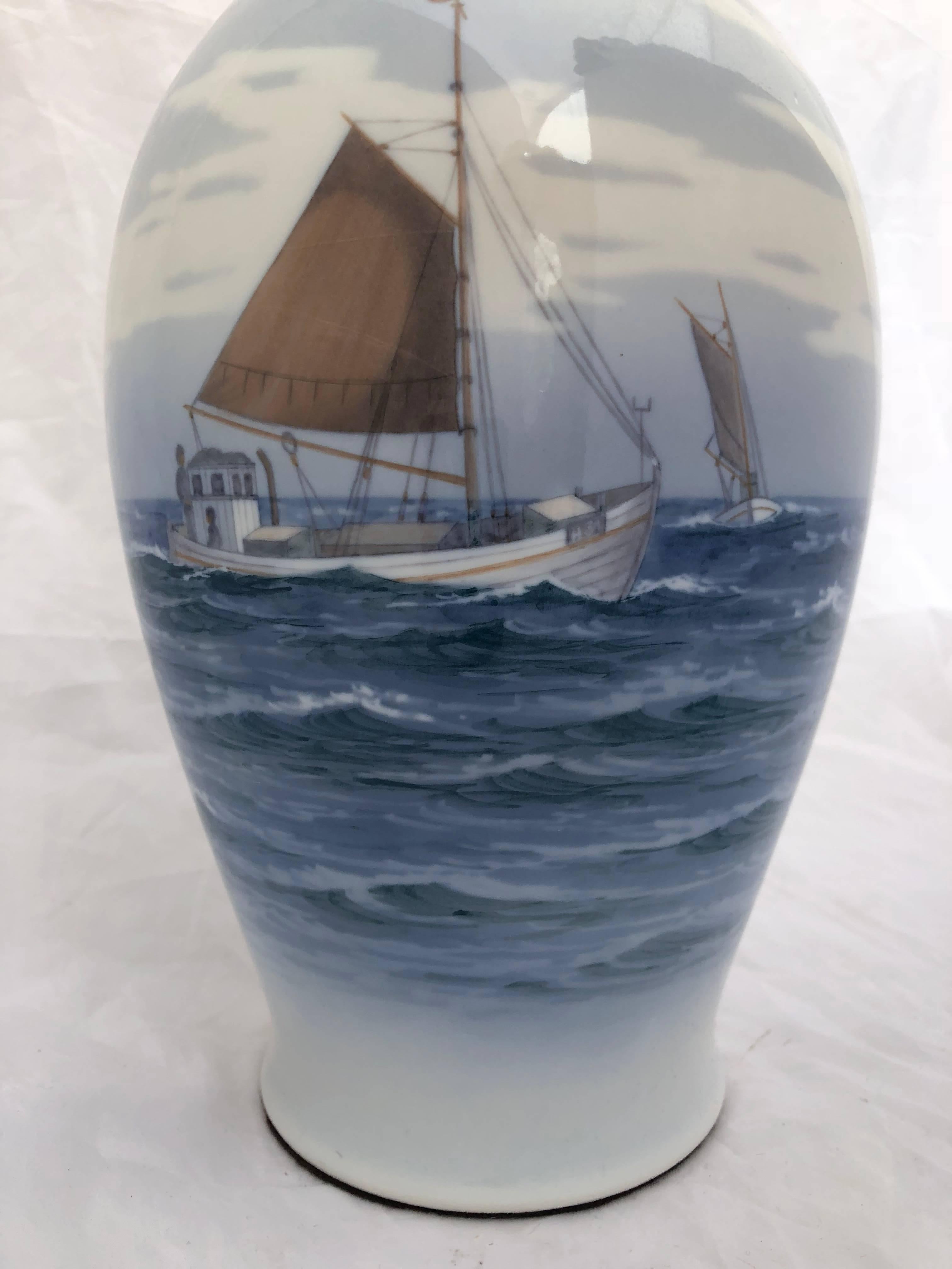 Royal Copenhagen Porcelain Lamp With Nautical Scene Of A Danish Fishing Cutter 7