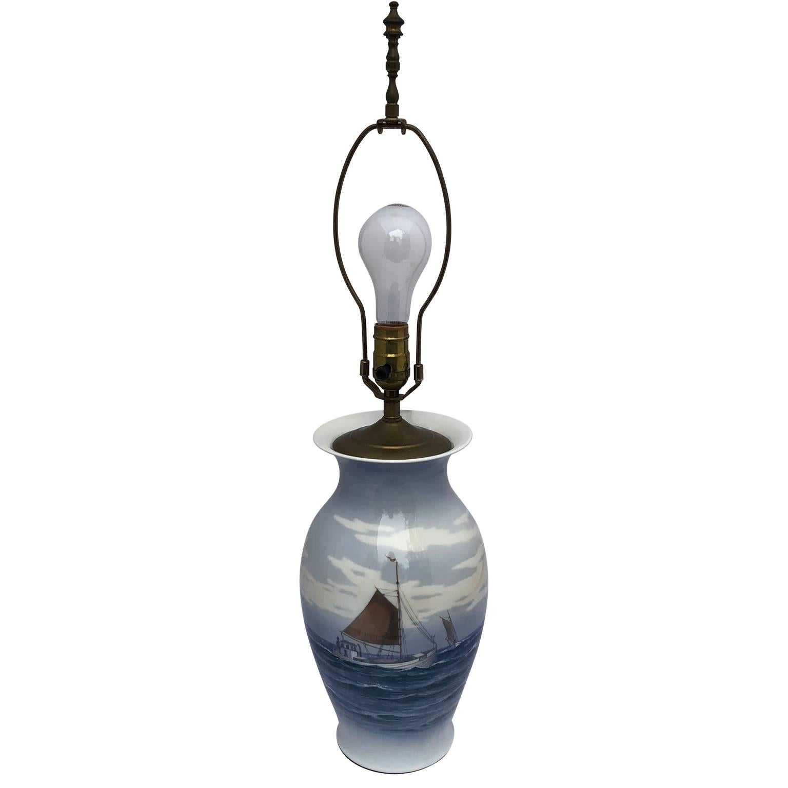 Modern Royal Copenhagen Porcelain Lamp With Nautical Scene Of A Danish Fishing Cutter