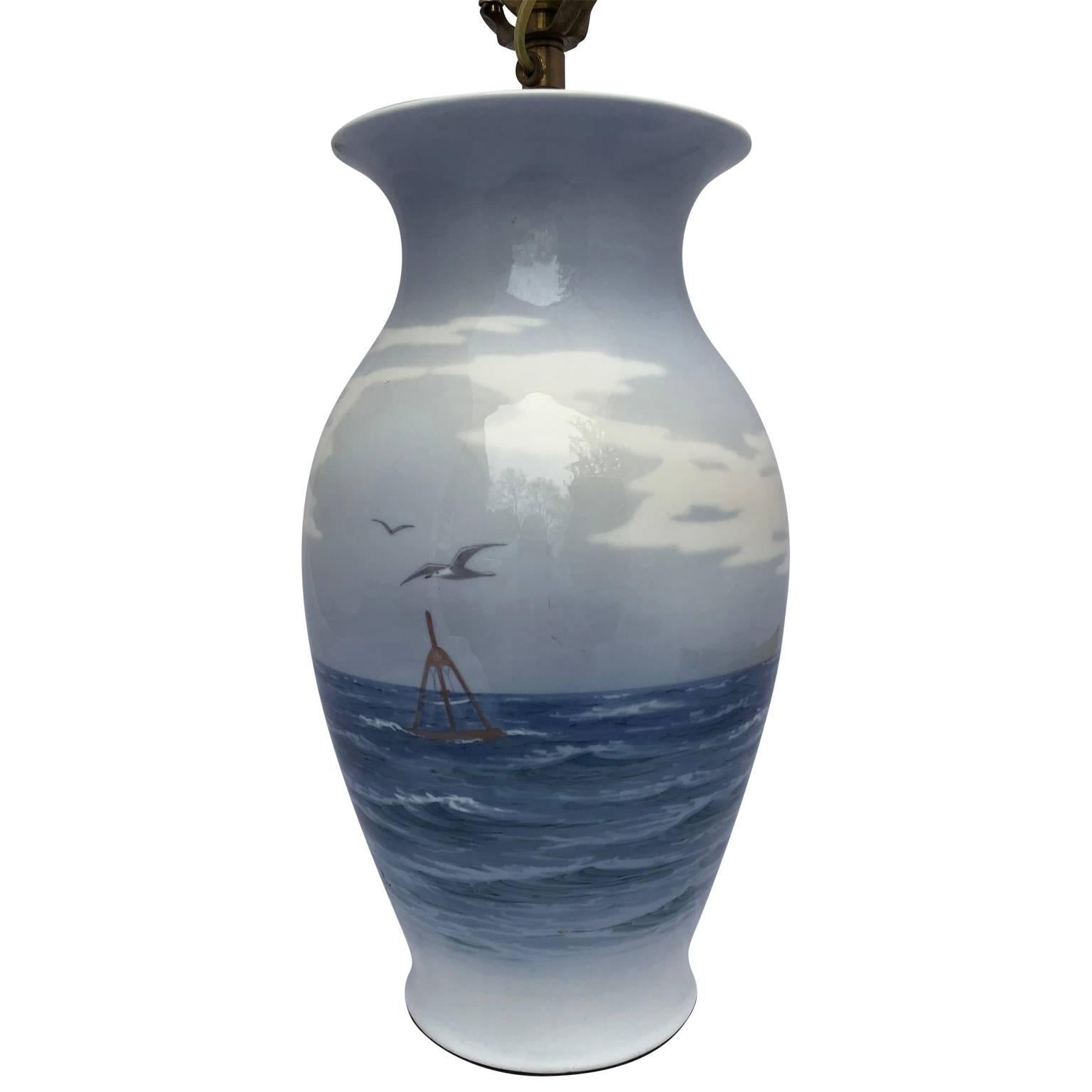 Royal Copenhagen Porcelain Lamp With Nautical Scene Of A Danish Fishing Cutter In Good Condition In Haddonfield, NJ