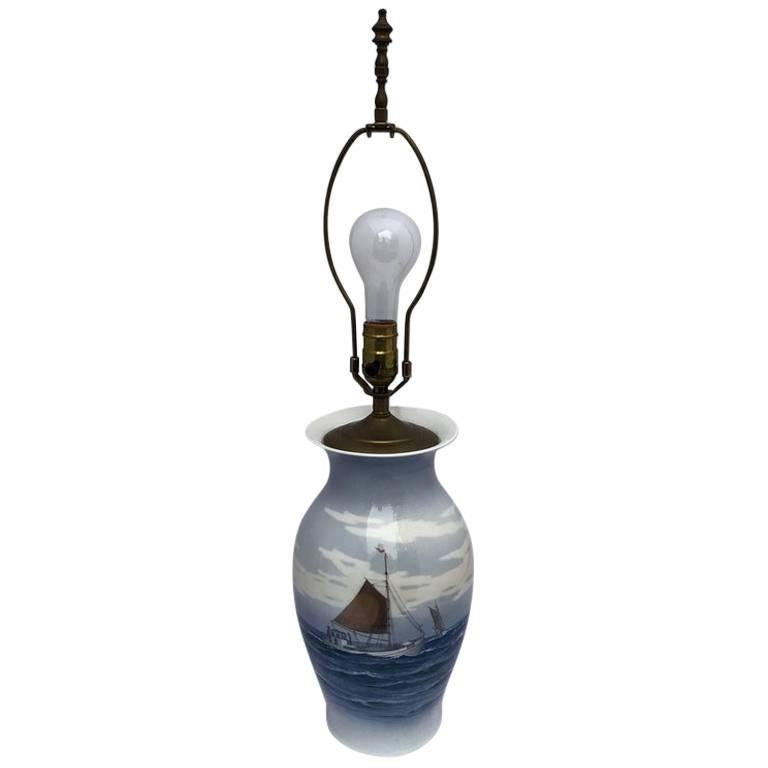 Royal Copenhagen Porcelain Lamp With Nautical Scene Of A Danish Fishing Cutter