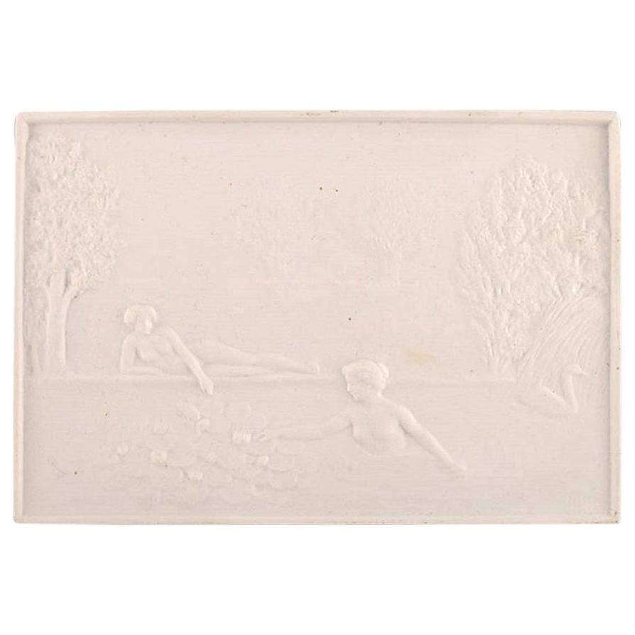 Royal Copenhagen, Rare Antique Biscuit Wall Plaque, Bathing Women For Sale