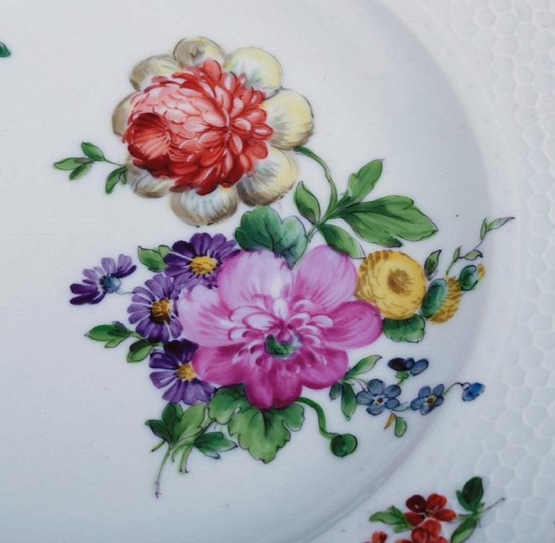Porcelain Royal Copenhagen Sachian Flower, Four Dinner Plates with Hand-Painted Flowers For Sale