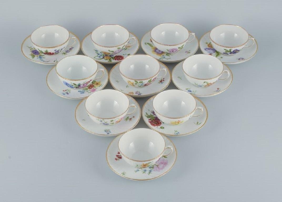 Late 19th Century Royal Copenhagen, Saxon Flower, a Set of Ten Antique Teacups with Saucers For Sale
