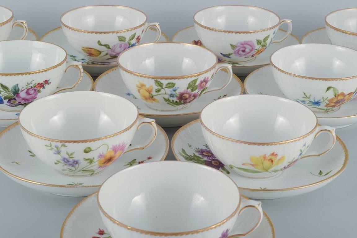 Porcelain Royal Copenhagen, Saxon Flower, a Set of Ten Antique Teacups with Saucers For Sale