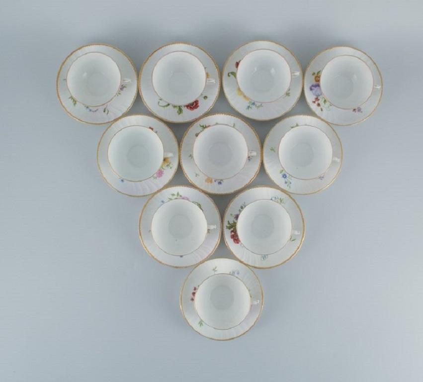 Royal Copenhagen, Saxon Flower, a Set of Ten Antique Teacups with Saucers For Sale 2