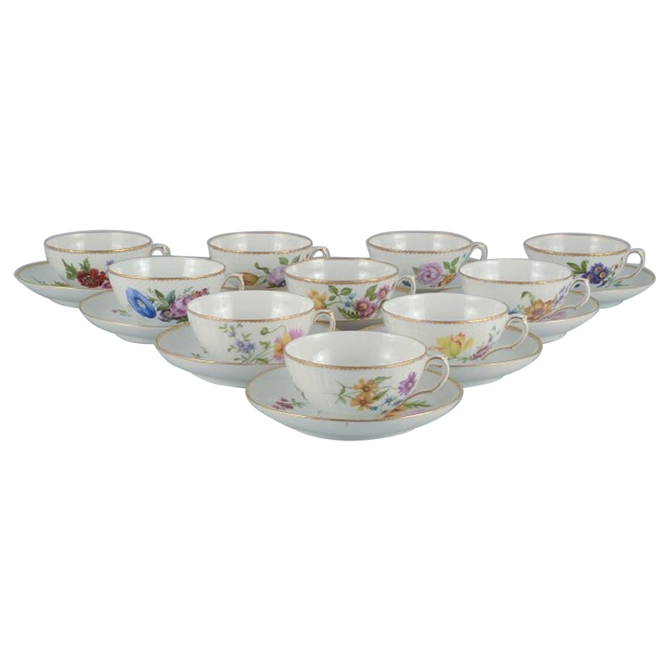 Royal Copenhagen, Saxon Flower, a Set of Ten Antique Teacups with Saucers