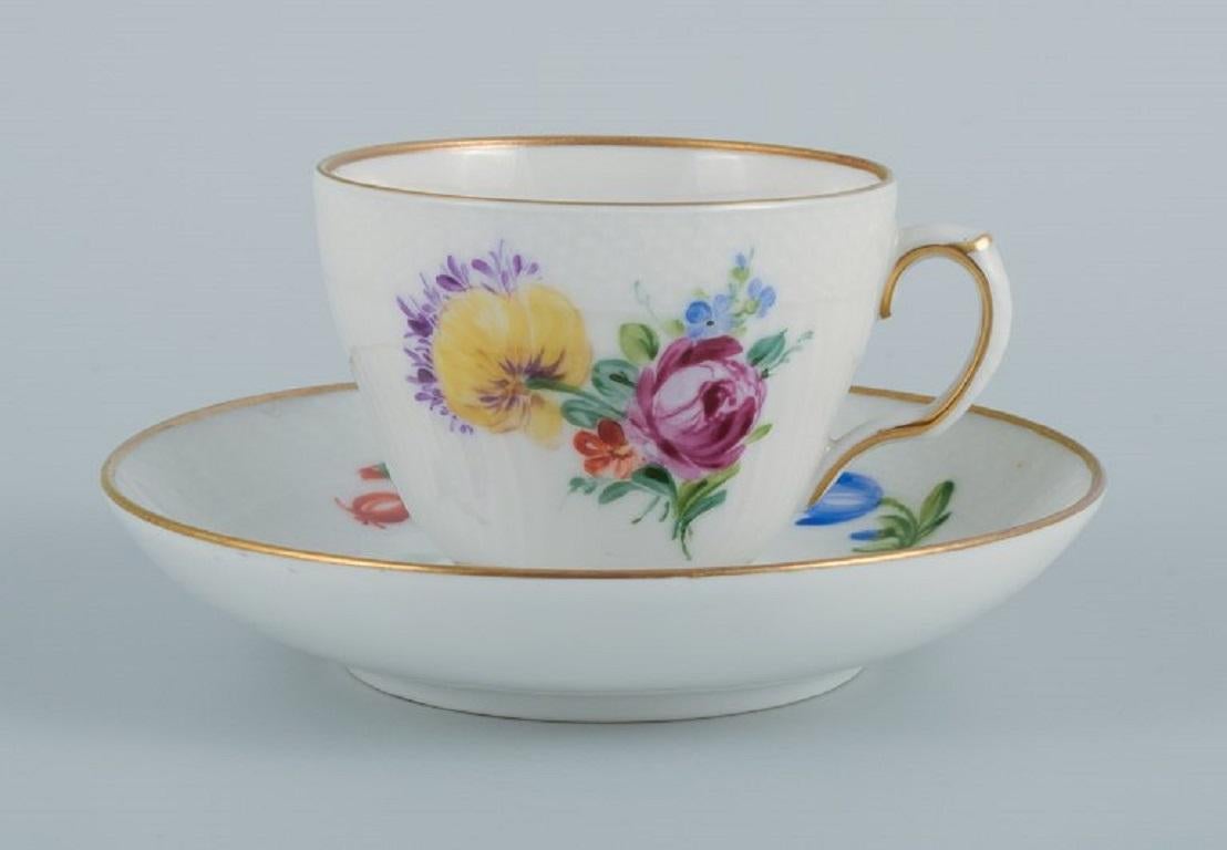 Hand-Painted Royal Copenhagen, Saxon Flower, Five Coffee Cups with Saucers in Porcelain For Sale