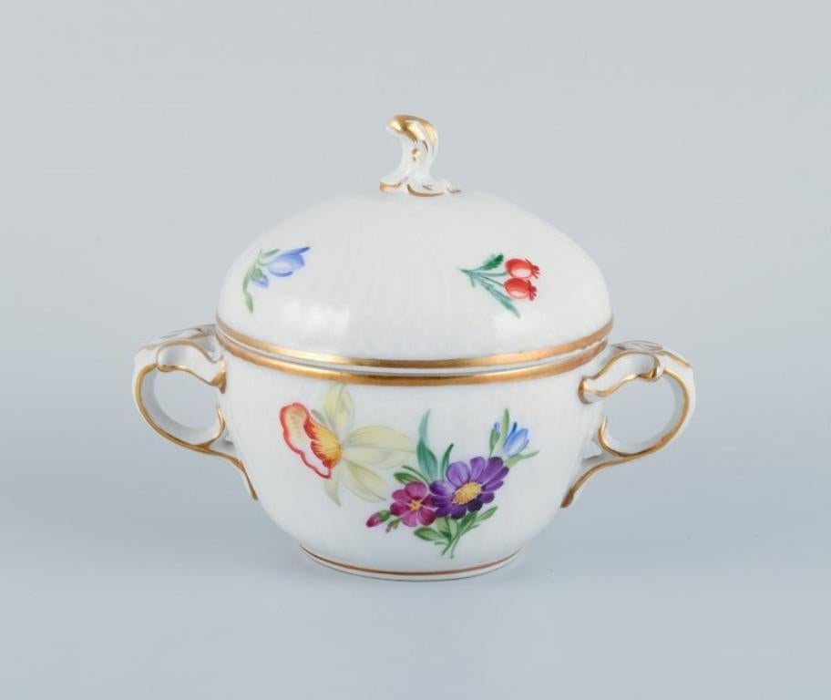 Royal Copenhagen, Saxon Flower, porcelain sugar bowl and creamer on tray For Sale 1