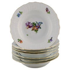 Royal Copenhagen Saxon Flower, Seven Deep Plates in Hand-Painted Porcelain