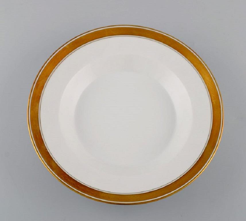 Royal Copenhagen service no. 607, White. 
9 deep plates in porcelain with gold edge. Model number 607/9587.
Measures: 25 x 4.5 cm.
1st factory quality.
In excellent condition.
Stamped.