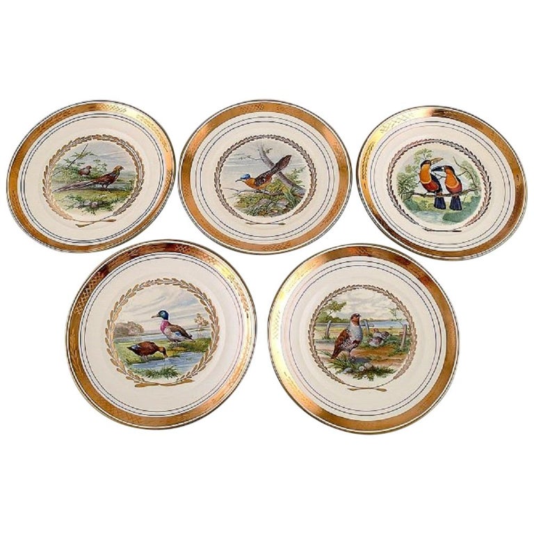 Royal Copenhagen, Set of Five Large Dinner / Decoration Plates with Bird Motifs For Sale