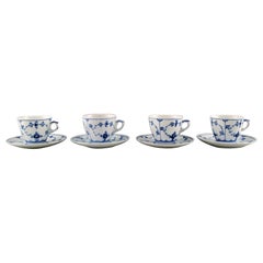 Royal Copenhagen, Set of Four Blue Fluted Plain Coffee Cup with Saucer # 1/80