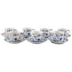 Royal Copenhagen, Set of Seven Blue Fluted Plain Coffee Cup with Saucer # 1/79