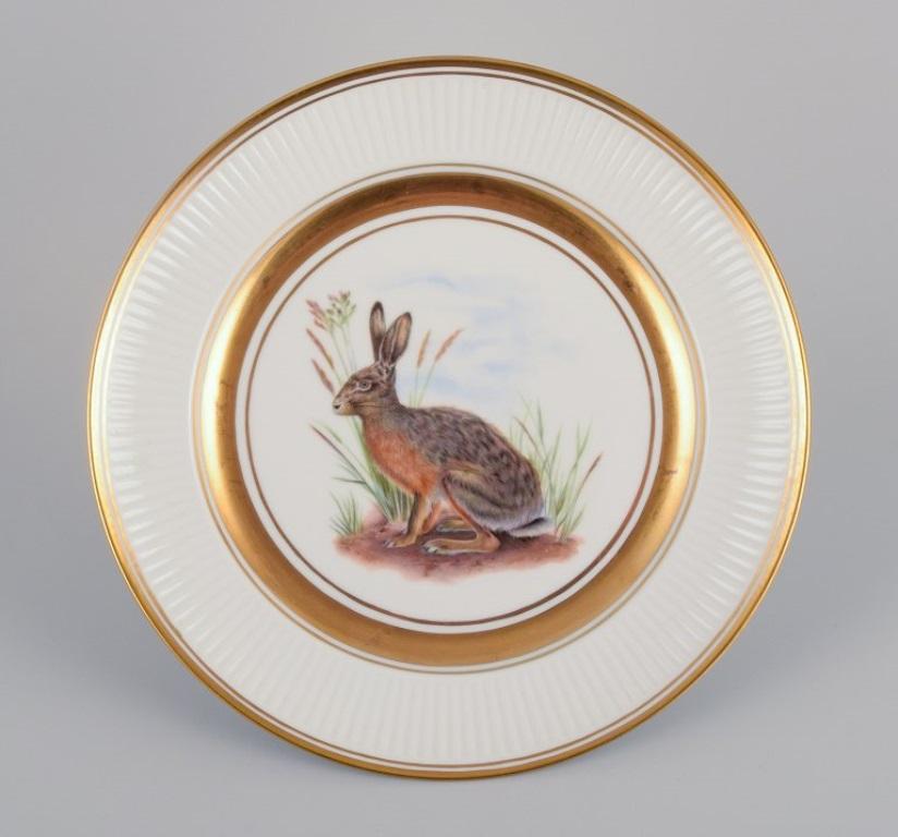 Hand-Painted Royal Copenhagen, Six Fauna Danica Style Dinner Plates with Animal Motifs For Sale