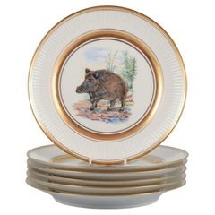 Royal Copenhagen, Six Fauna Danica Style Dinner Plates with Animal Motifs