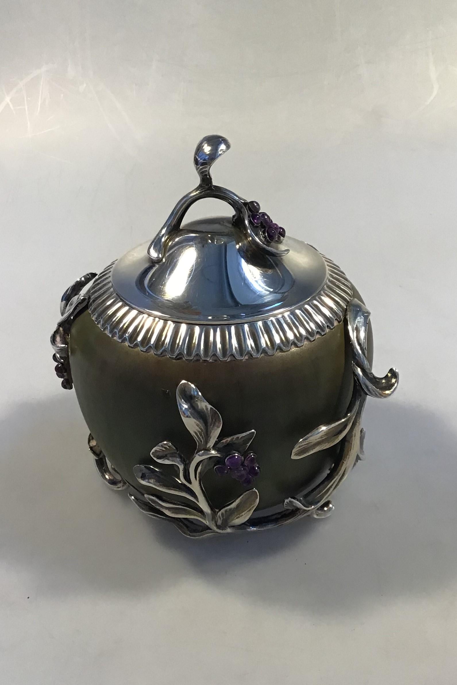 Art Nouveau Royal Copenhagen Stoneware Jar with Anton Michelsen Silver Mounting 30 Amethysts For Sale