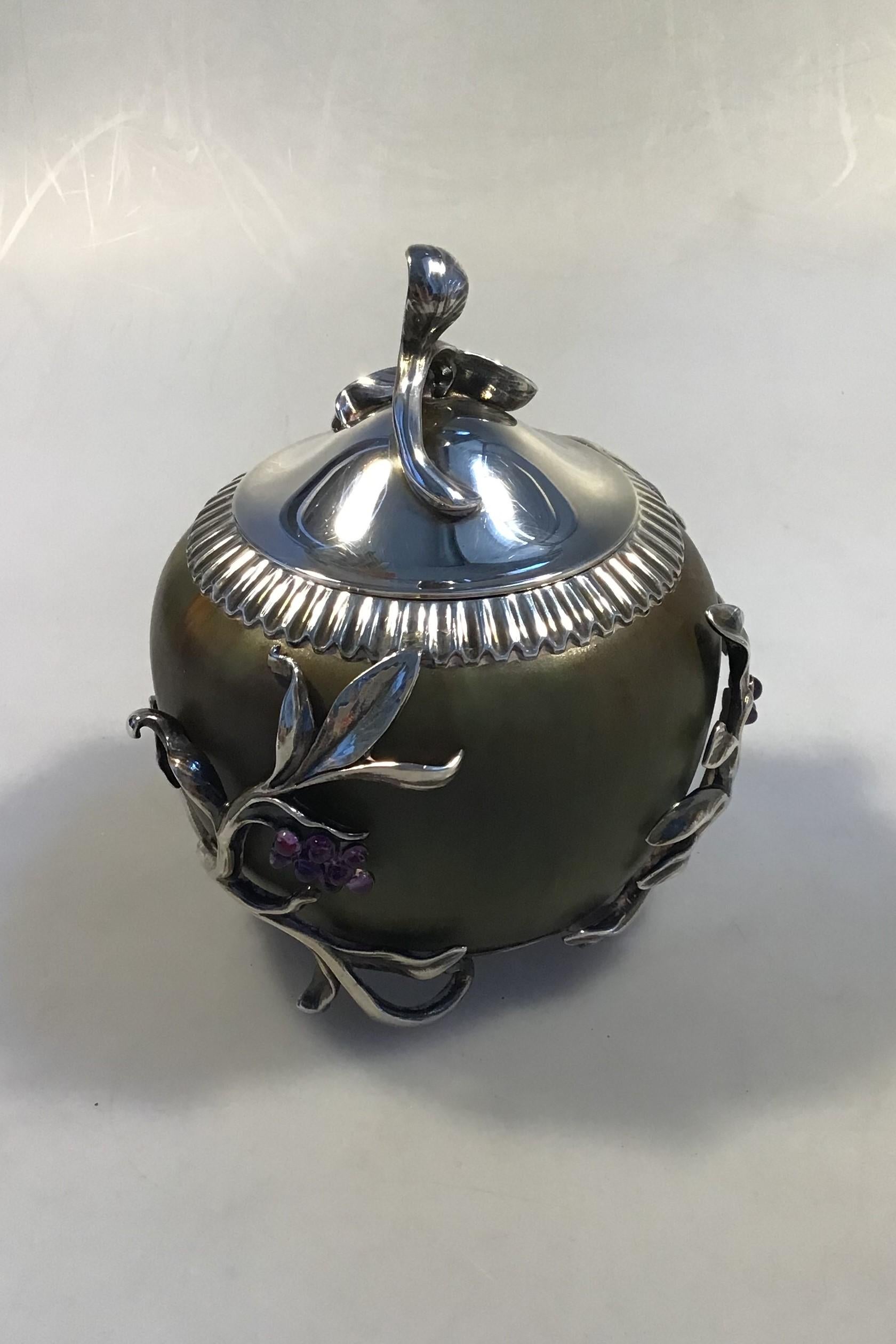 Danish Royal Copenhagen Stoneware Jar with Anton Michelsen Silver Mounting 30 Amethysts For Sale