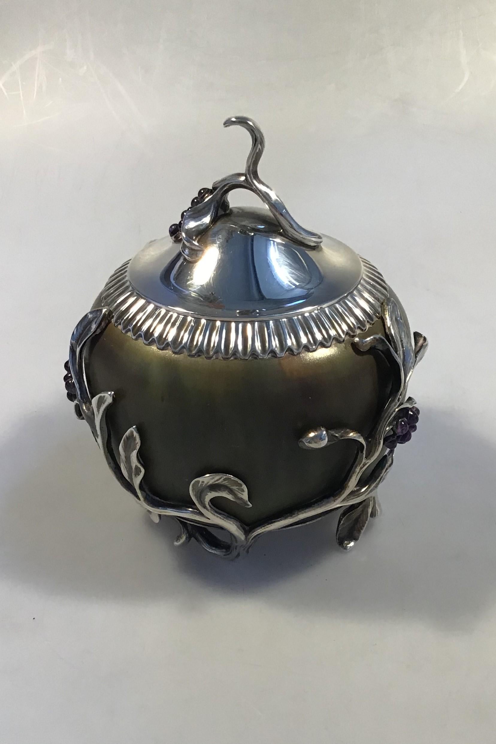 Glazed Royal Copenhagen Stoneware Jar with Anton Michelsen Silver Mounting 30 Amethysts For Sale