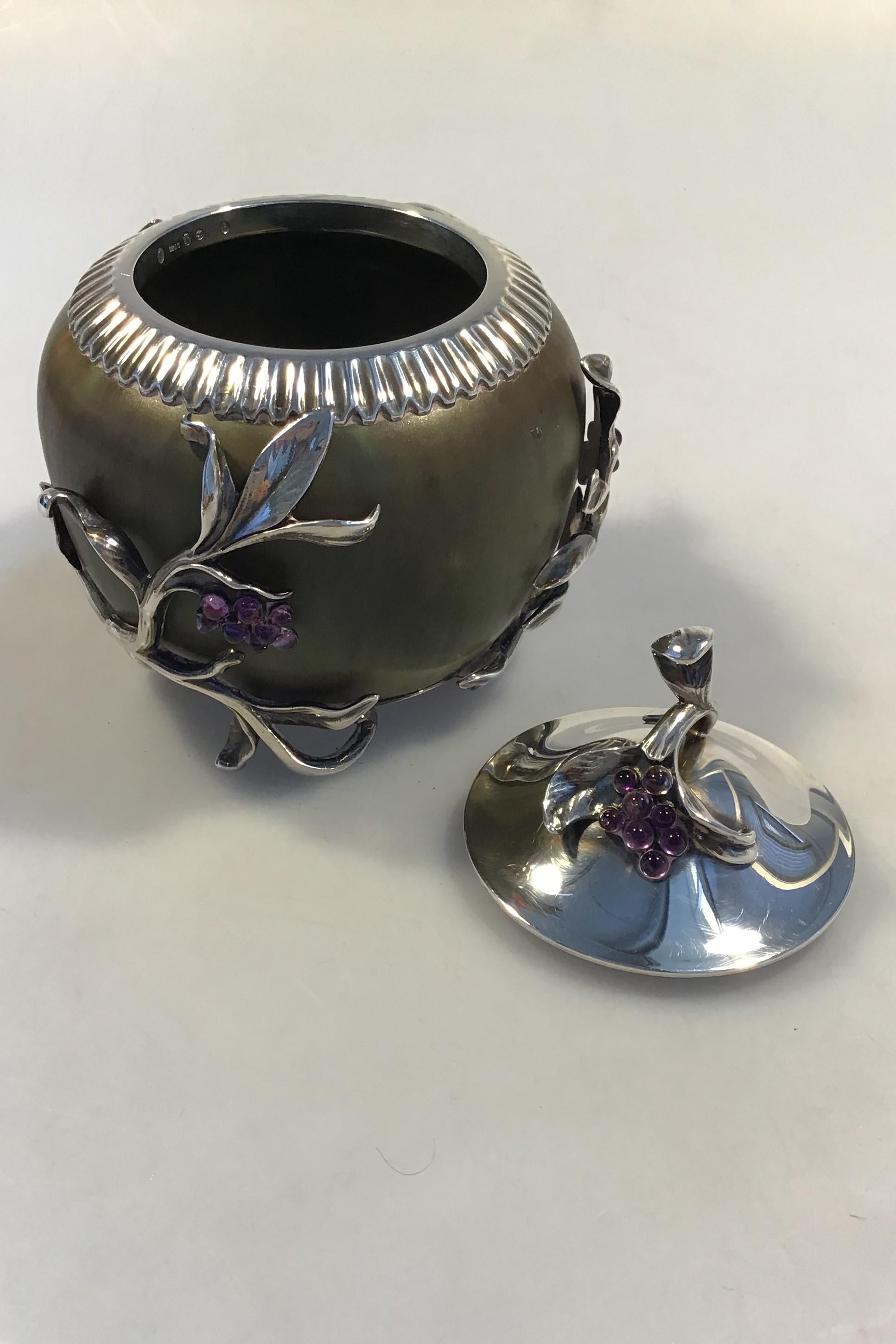 20th Century Royal Copenhagen Stoneware Jar with Anton Michelsen Silver Mounting 30 Amethysts For Sale