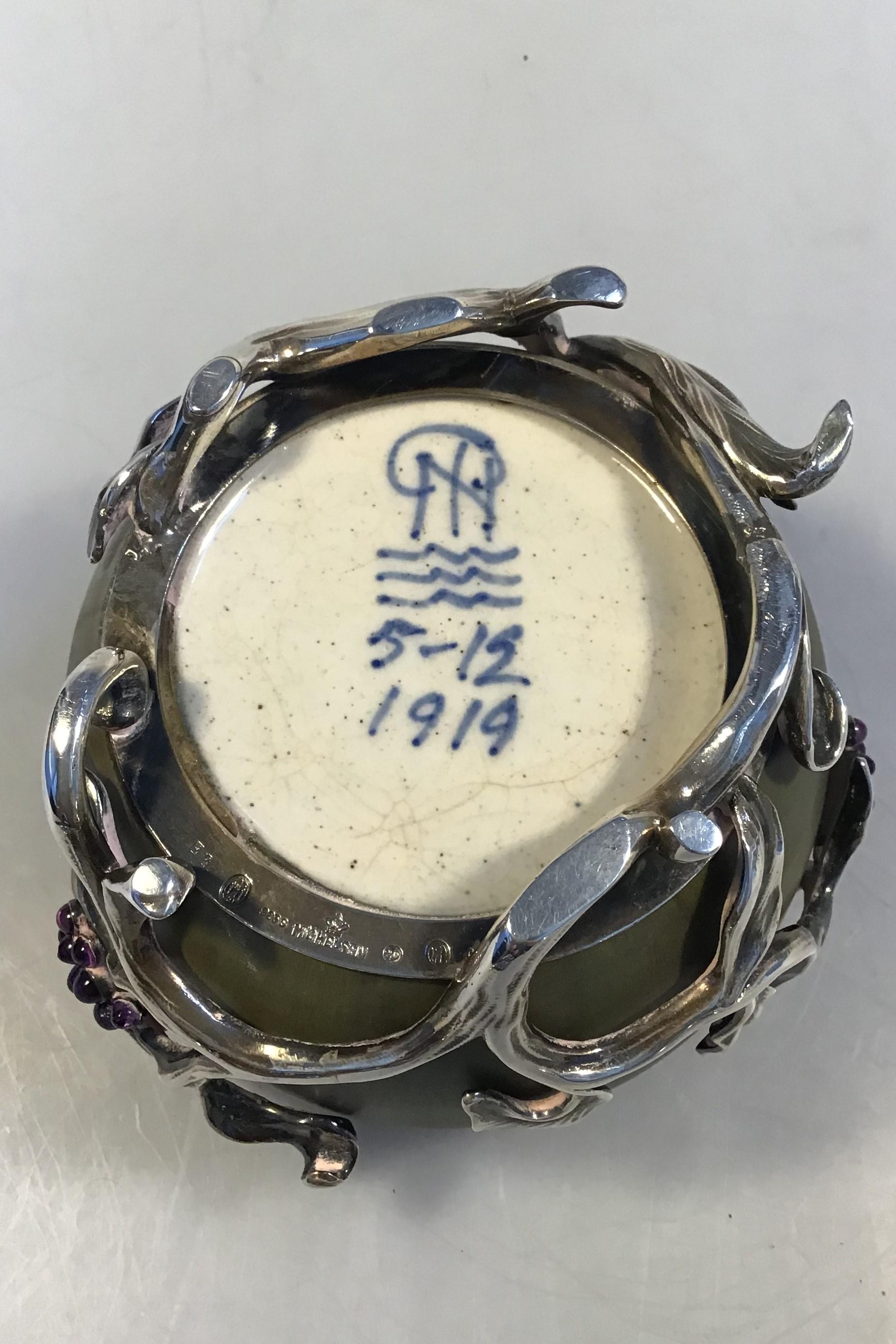Royal Copenhagen Stoneware Jar with Anton Michelsen Silver Mounting 30 Amethysts For Sale 1